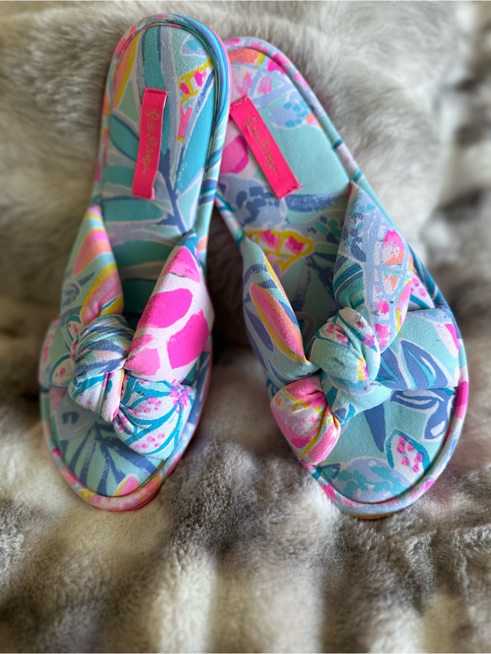 Lilly Pulitzer Pink & Aqua Floral Knot Slide Sandals